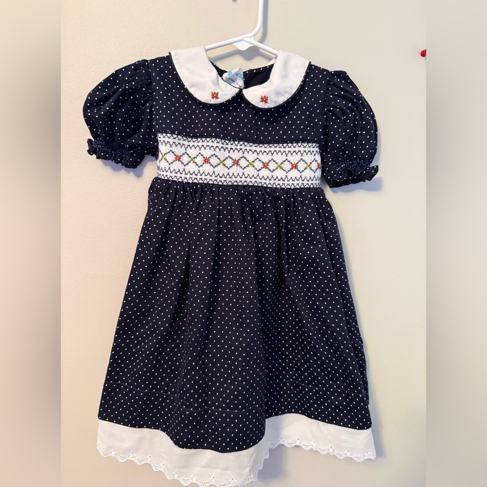 House of Hatten Navy Floral Smocked Polka Dot Kids Dress